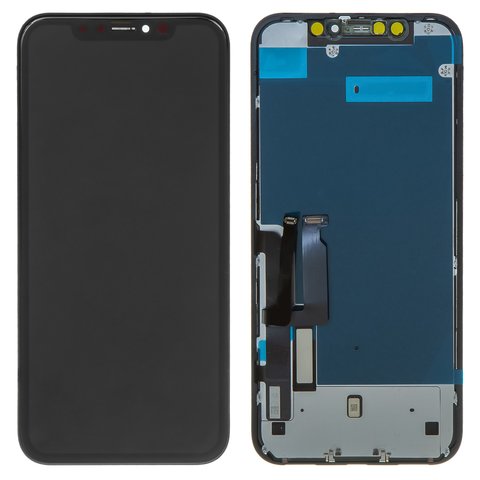 Дисплей для iPhone XR, чорний, з рамкою, Copy, Tianma, з пластиками камери та давача наближення, з захисним екраном дисплея