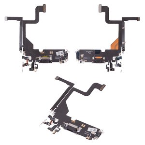 Flat Cable compatible with iPhone 13 Pro, charge connector, black, with microphone, with components, HC, graphite 