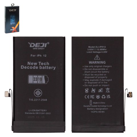 Battery Deji compatible with Apple iPhone 12, Li ion, 3.83 V , 3310 mAh, High Capacity, without error "Unknown Part", decode battery 