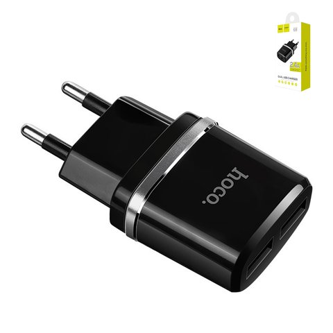 Мережевий зарядний пристрій Hoco C12, 220 В, 2 USB виходи 5В 2,4А , чорне, без кабеля, 12 Вт